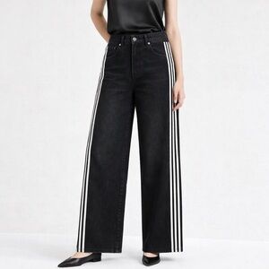 Y2K Black Wide Leg Denim Jeans | Super High Waist | Side Stripes | CRAFTED YNC